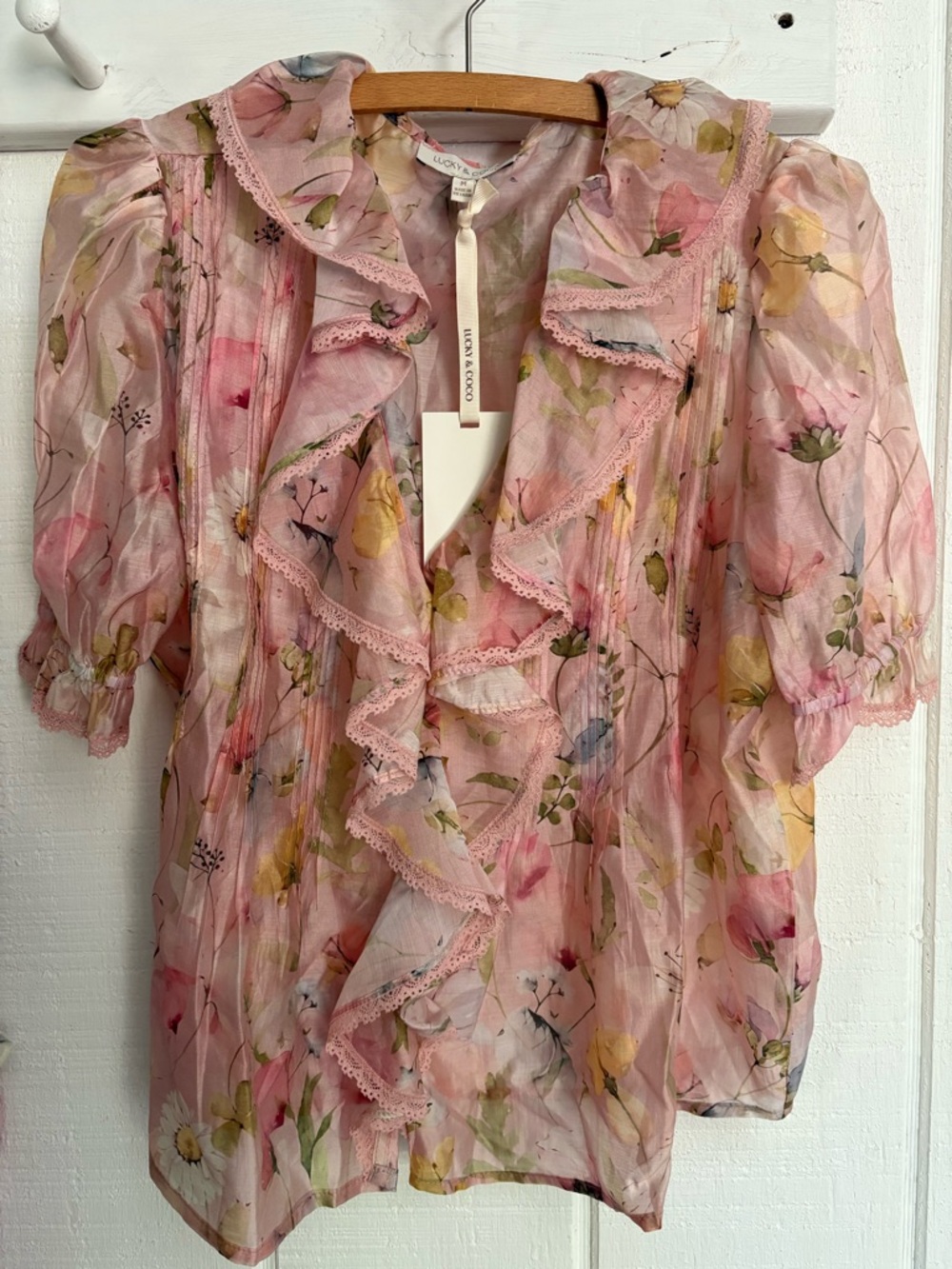 Pink Floral Ruffle-Smock Blouse